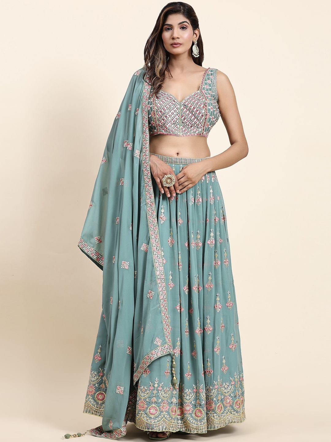 

VANAKARA Embroidered Sequinned Khari Print Ready to Wear Lehenga & Blouse With Dupatta, Sea green