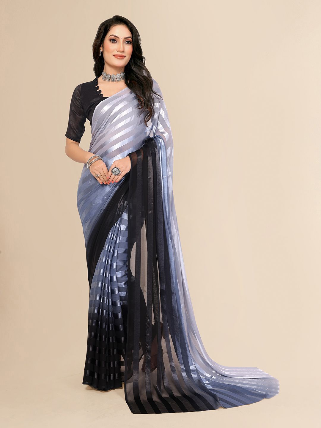 

Moda Rapido Striped Satin Saree with Blouse Piece, Grey