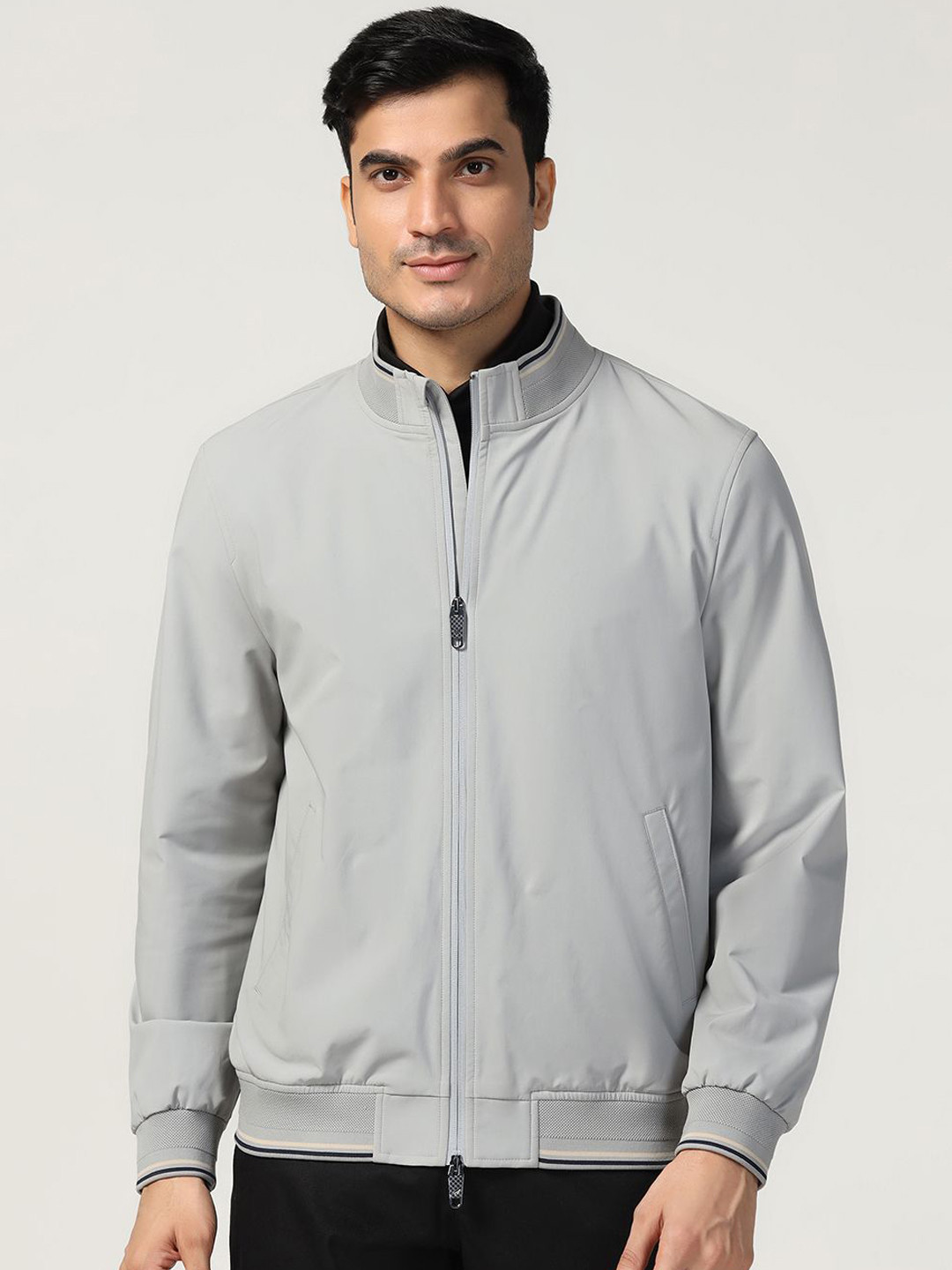 

Blackberrys Men Mock Collar Solid Casual Bomber Jacket, Grey