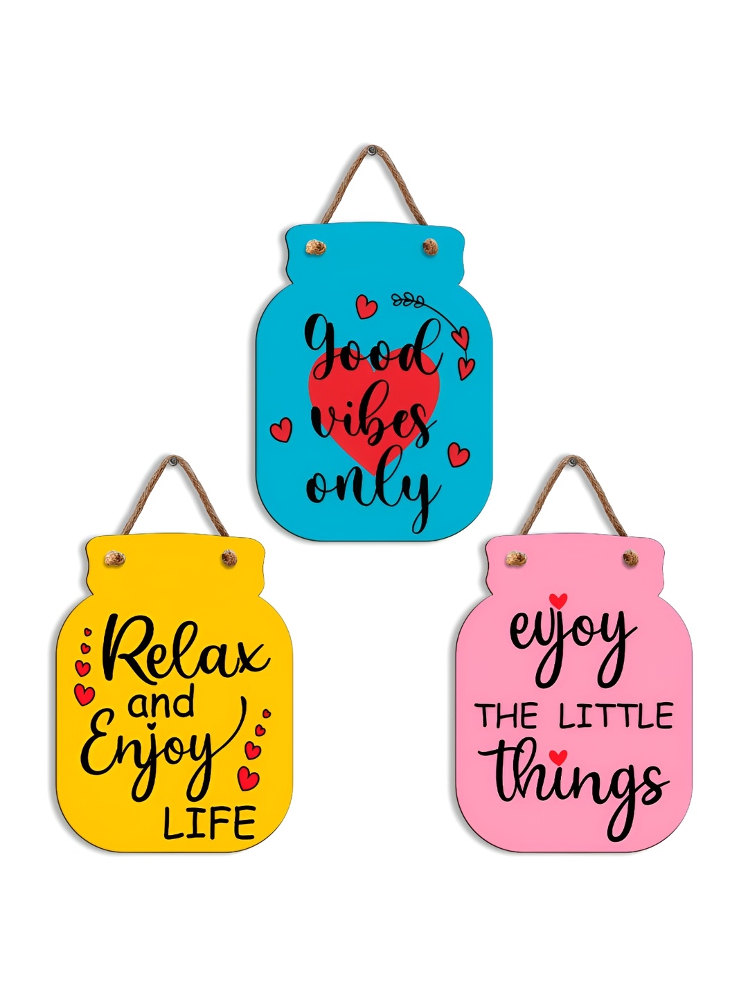 

SEHAZ ARTWORKS Yellow & Blue 3 Pieces Printed Wooden Wall Hangings