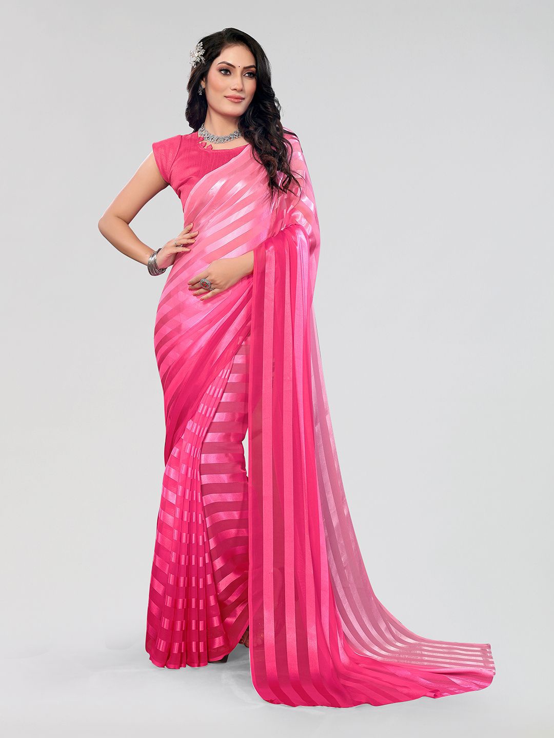 

Moda Rapido Striped Satin Saree, Pink