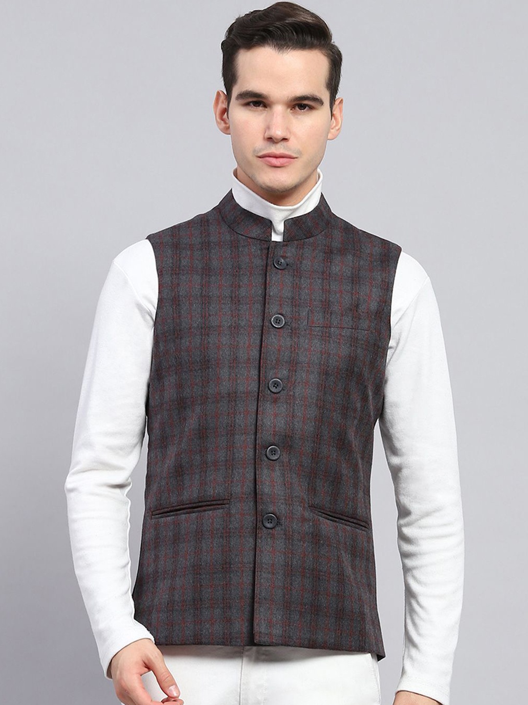 

Monte Carlo Men Mandarin Collar Checked Wool Casual Tailored Jacket, Grey