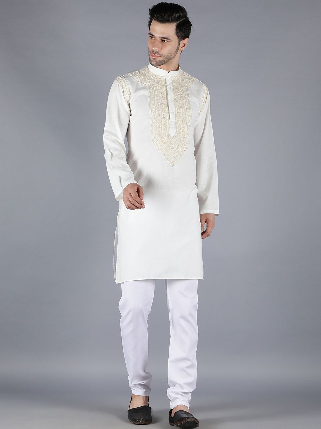 

Seva Chikan Floral Embroidered Mandarin Collar Long Sleeves Pure Cotton Straight Kurta, Beige