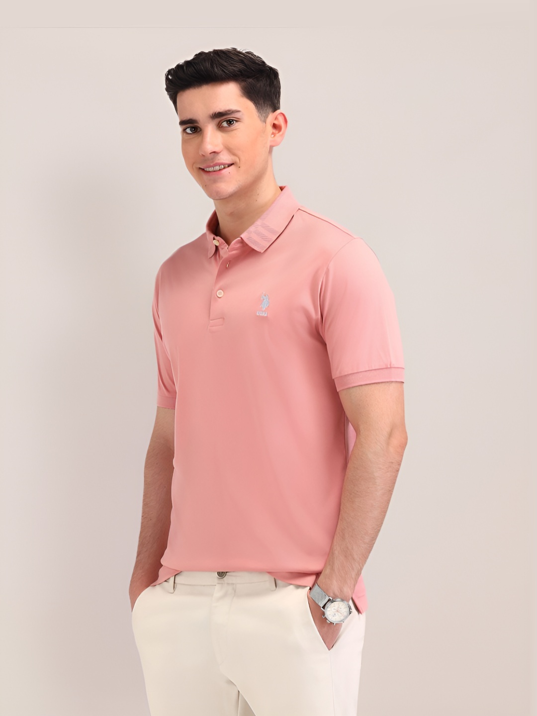 

U.S. Polo Assn. Men Solid Polo Collar Cotton Slim Fit T-shirt, Peach