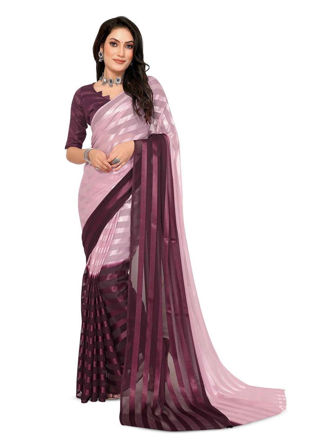 

Moda Rapido Striped Half and Half Saree, Purple