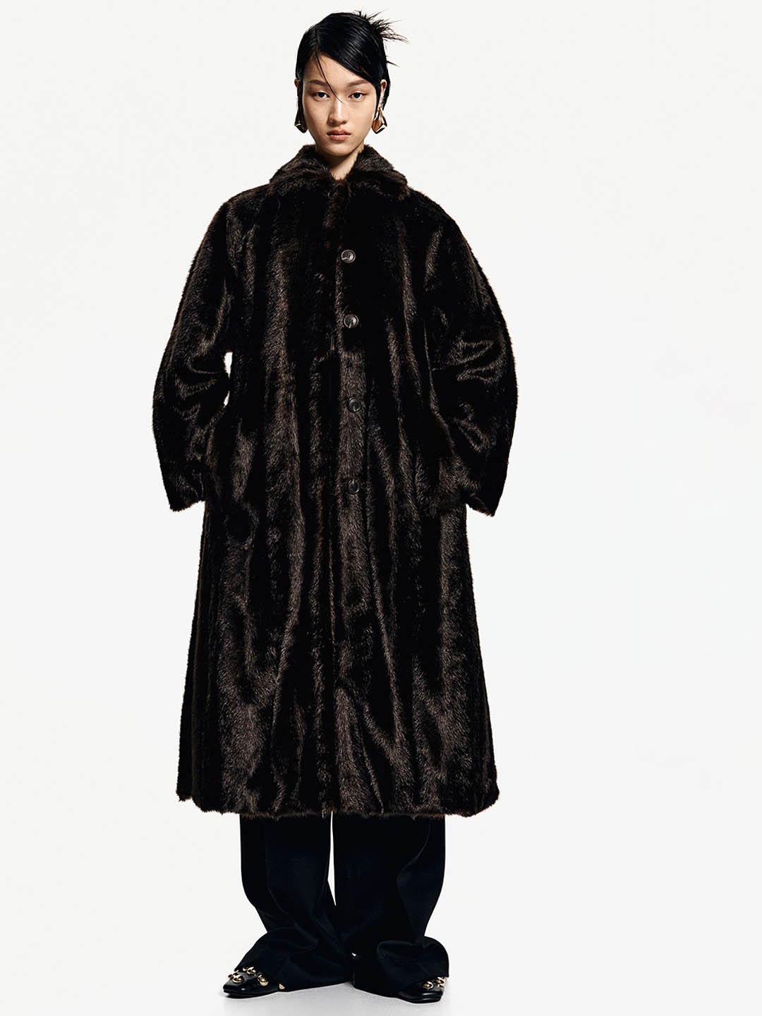 

H&M Loose-Fit Fluffy Tie-Belt Coat, Brown