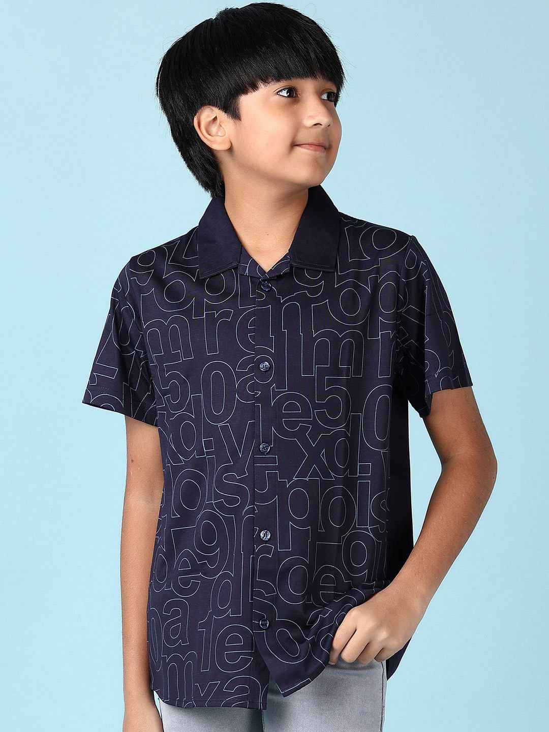 

V-Mart Boys Spread Collar Typography Printed Cotton Casual Shirt, Navy blue