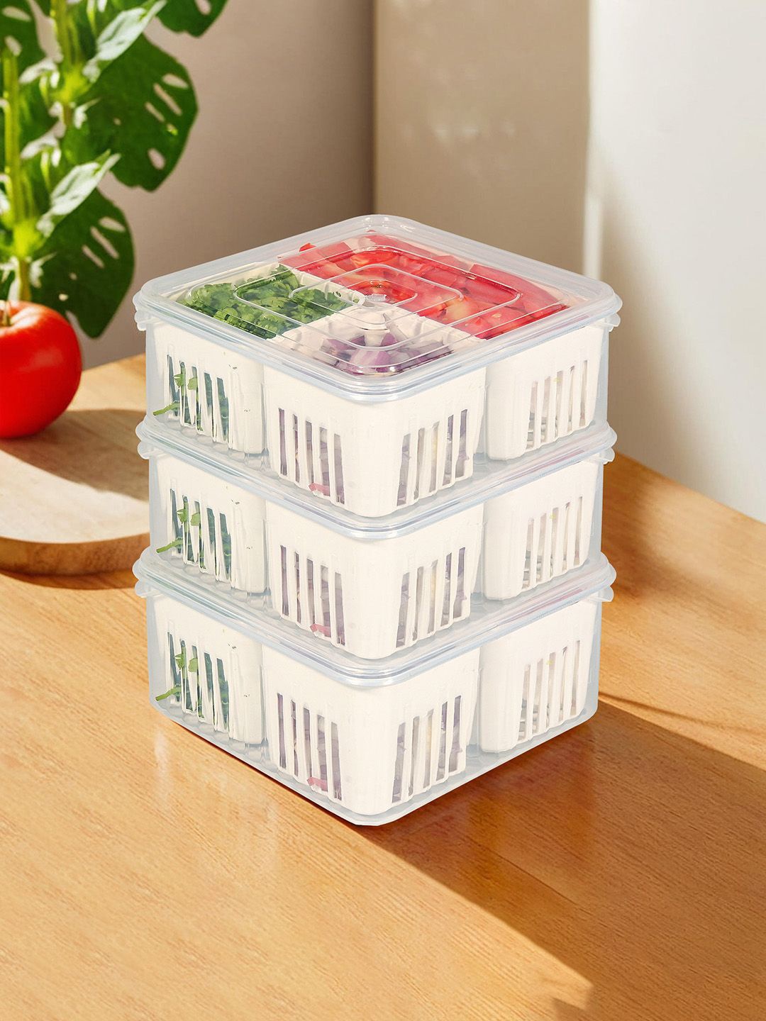 

Kuber Industries Pack of 3 Transparent & White Fridge Container Box Set
