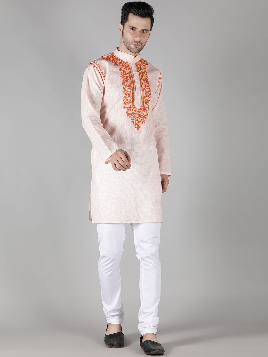 

Seva Chikan Paisley Embroidered Mandarin Collar Long Sleeves Pure Cotton Straight Kurta, Peach