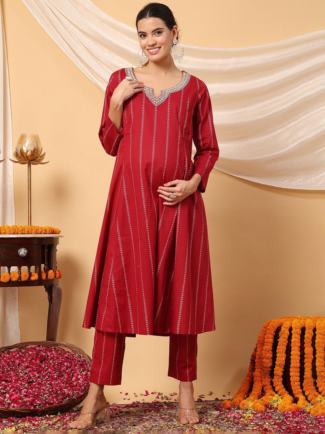 

House Of Zelena Striped Yoke Design Thread Work Pure Cotton Maternity Kurta with Trousers, Red