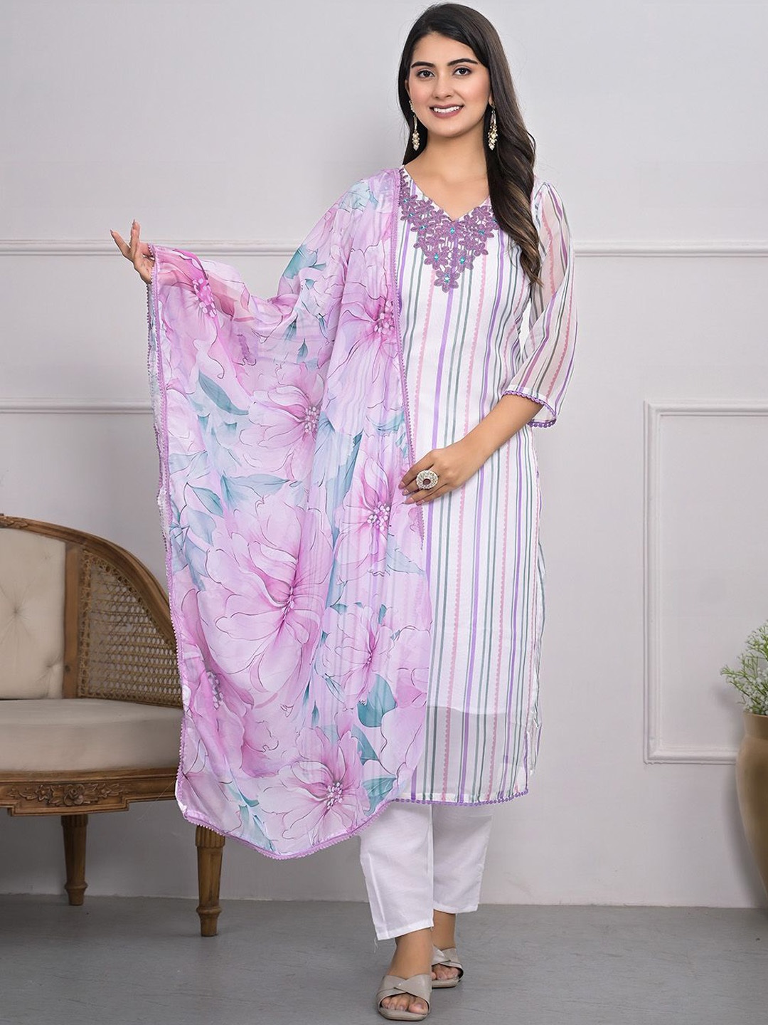 

Ishin V-Neck Striped Thread Work Straight Kurta with Trouser & Dupatta, White
