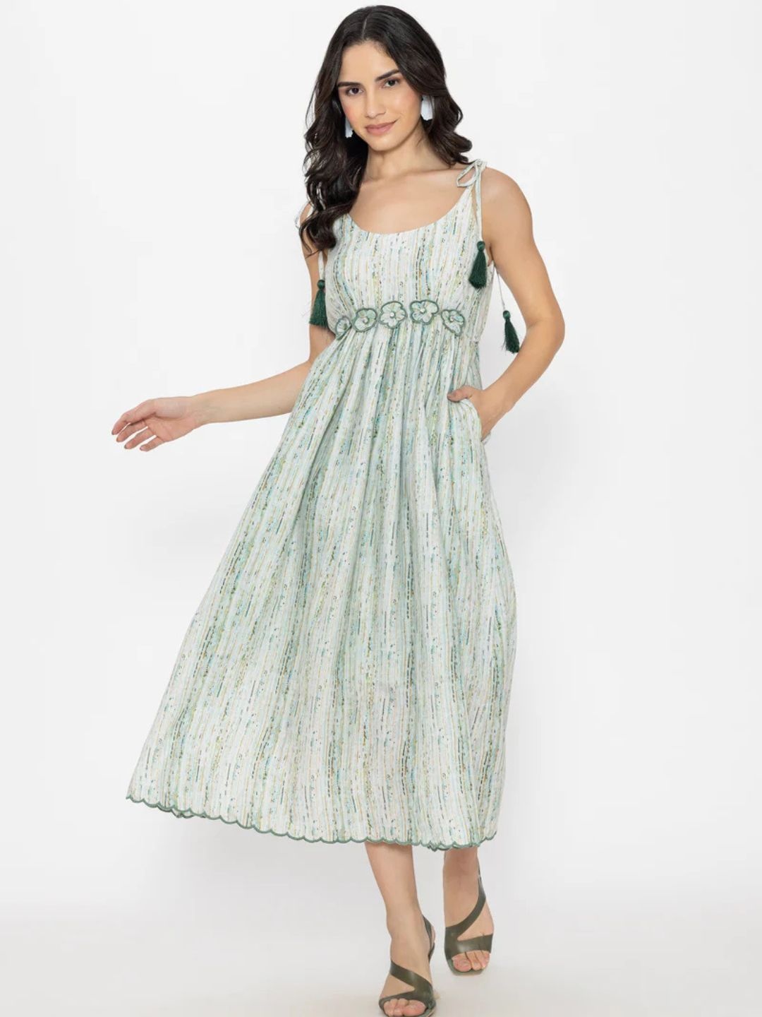 

DESIGNS BY QUEEN BEE Women Cotton Floral Print Shoulder Straps Fit & Flare Midi Dress, Sea green