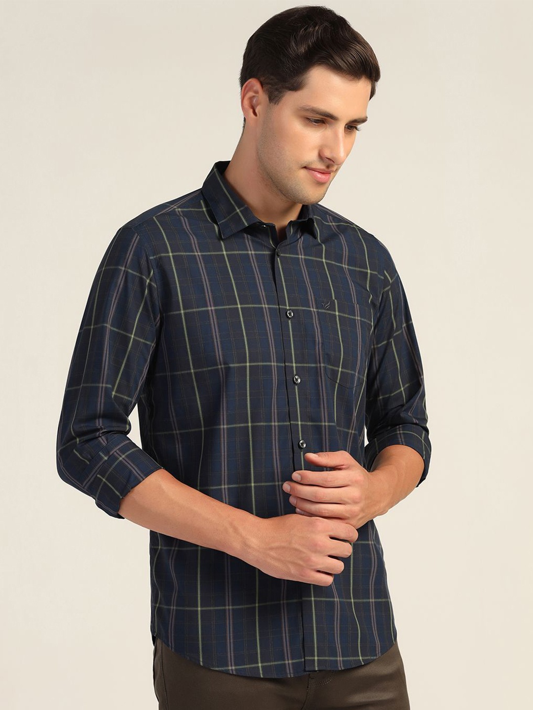 

Blackberrys Men India Slim Spread Collar Buffalo Checked Cotton Slim Fit Casual Shirt, Blue