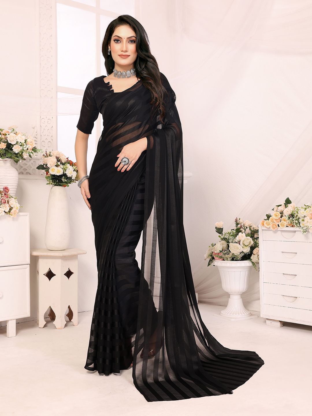 

Moda Rapido Women Striped Satin Saree, Black