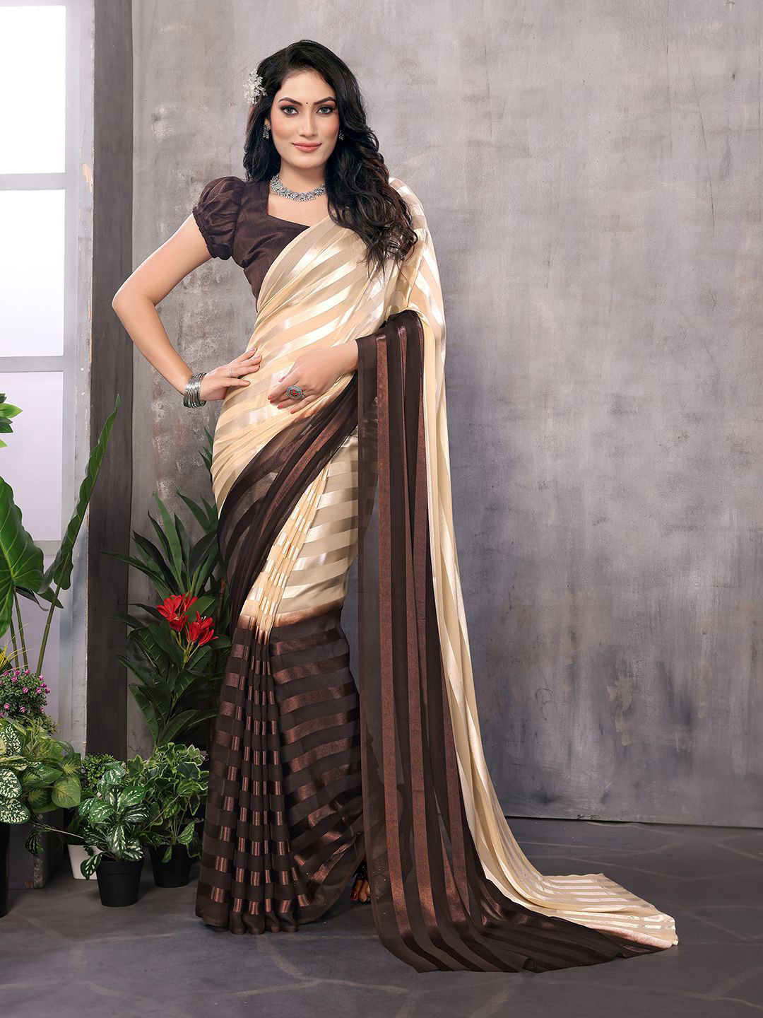 

Moda Rapido Striped Printed Satin Saree With Unstitched Blouse Piece, Beige