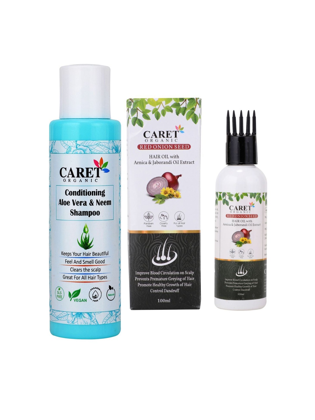 

CARET ORGANIC Set of Aloevera Neem Shampoo & Red Onion Seed Hair Oil - 100 ml each, White