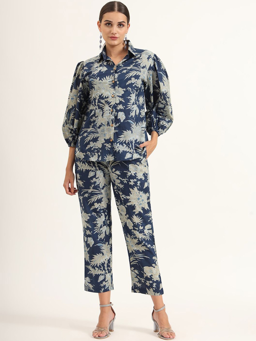 

KALINI Floral Printed Shirt Collar Three-Quarter Sleeves Pure Cotton Shirt & Trouser & Top, Navy blue