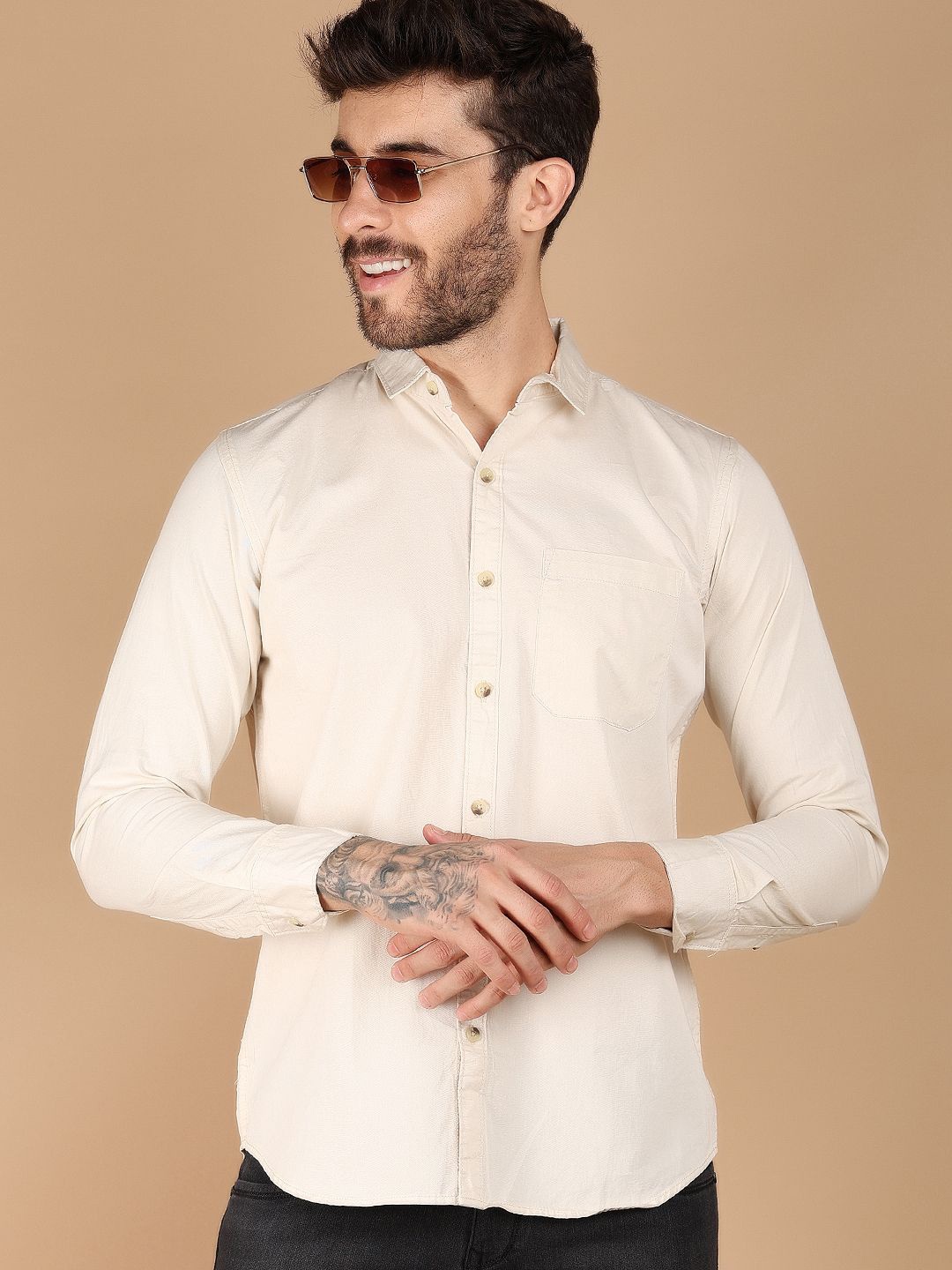 

V-Mart Men Spread Collar Solid Cotton Casual Shirt, Beige