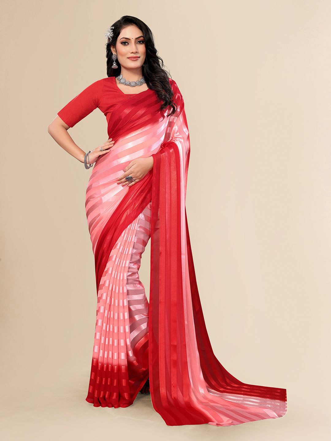 

Moda Rapido Striped Satin Saree, Red
