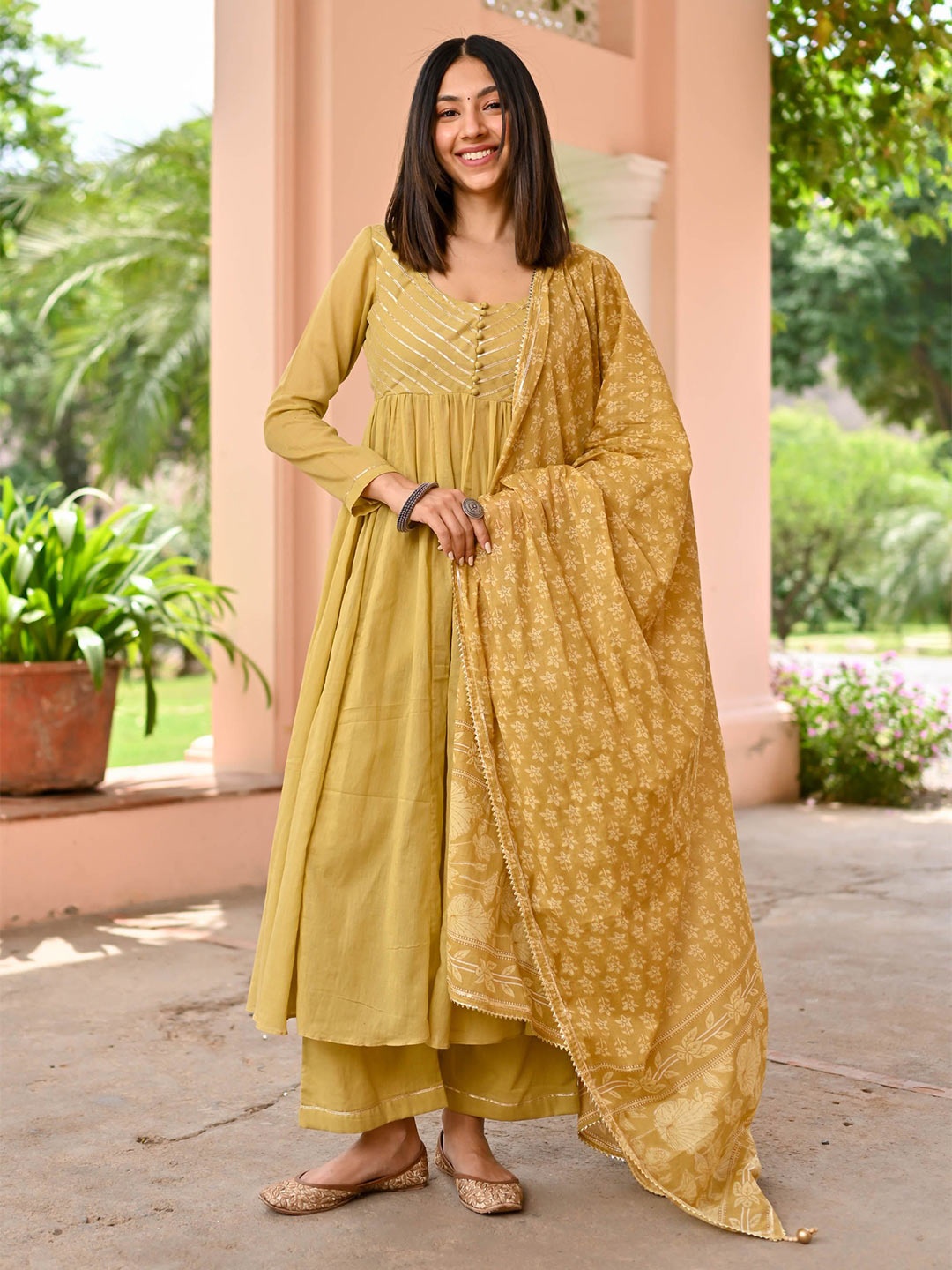 

Bunaai Striped Yoke Design Gotta Patti Anarkali Kurta With Pyjama & Dupatta, Mustard