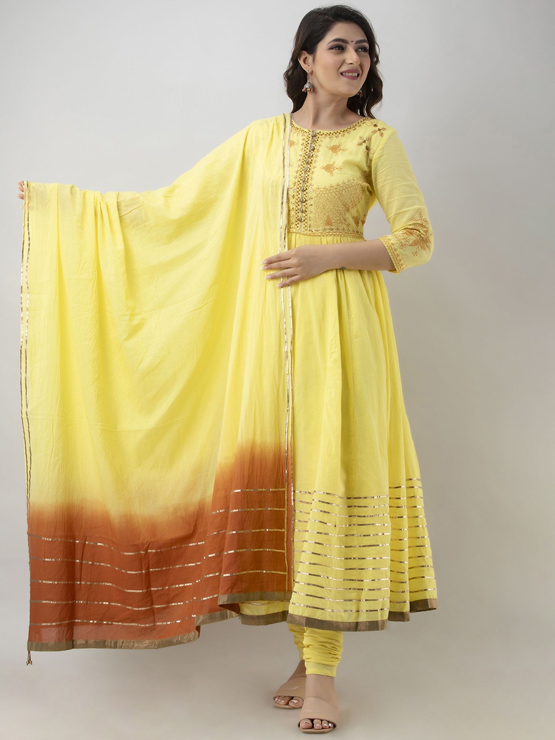 

A&K Embroidered Thread Work Pure Cotton Anarkali Kurta with Churidar & Dupatta, Yellow