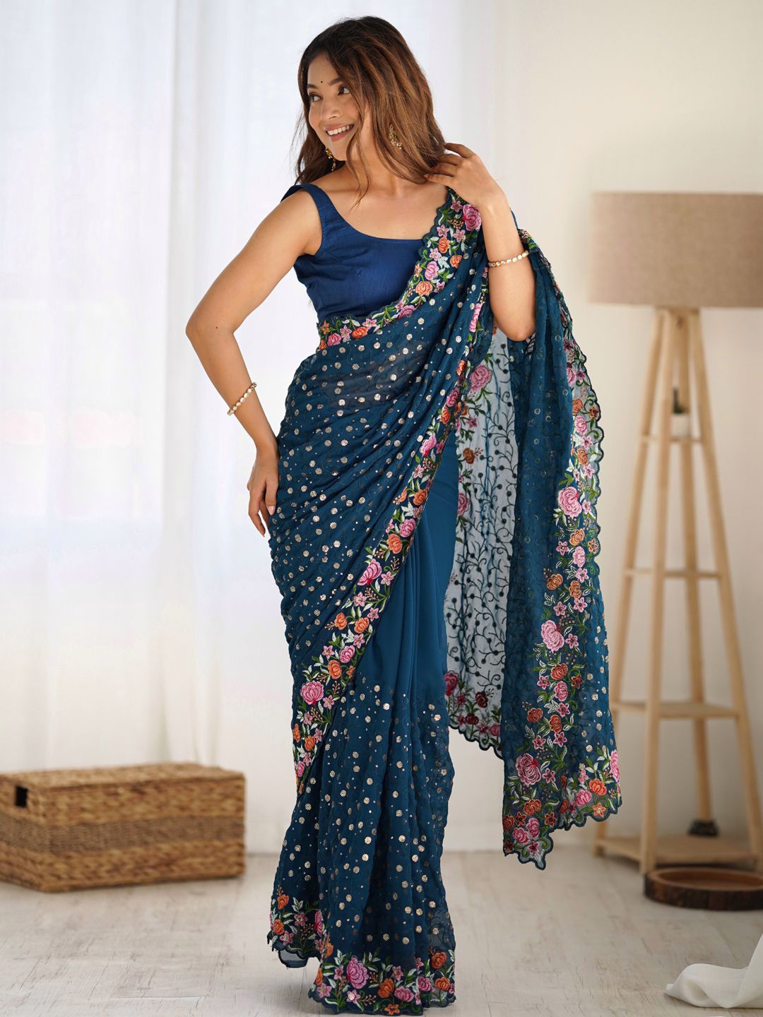 

Mitera Floral Sequinned Designer Saree, Teal