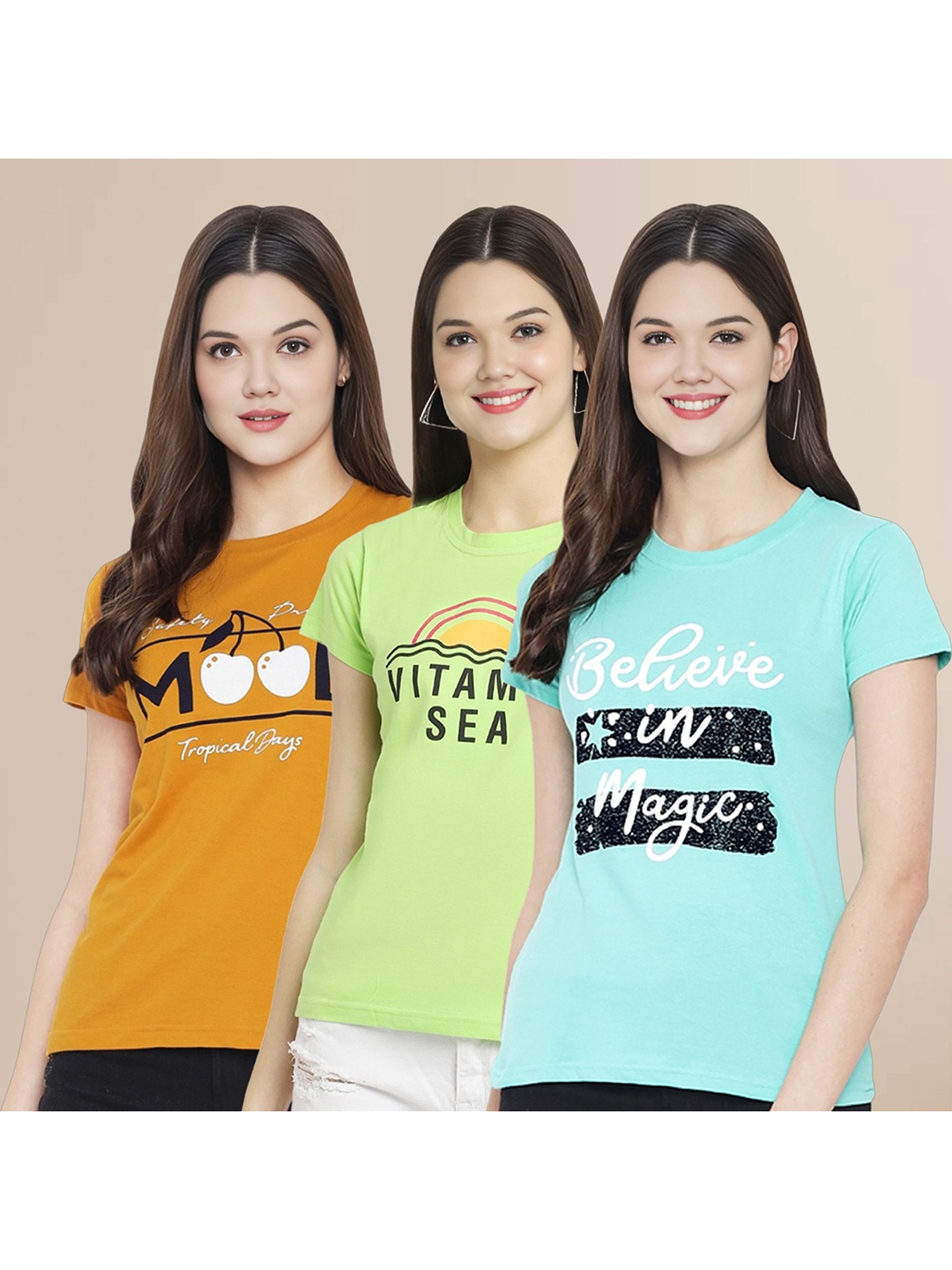 

Metronaut Women Pack Of 3 Typography Printed Round Neck Cotton T-shirts, Mustard