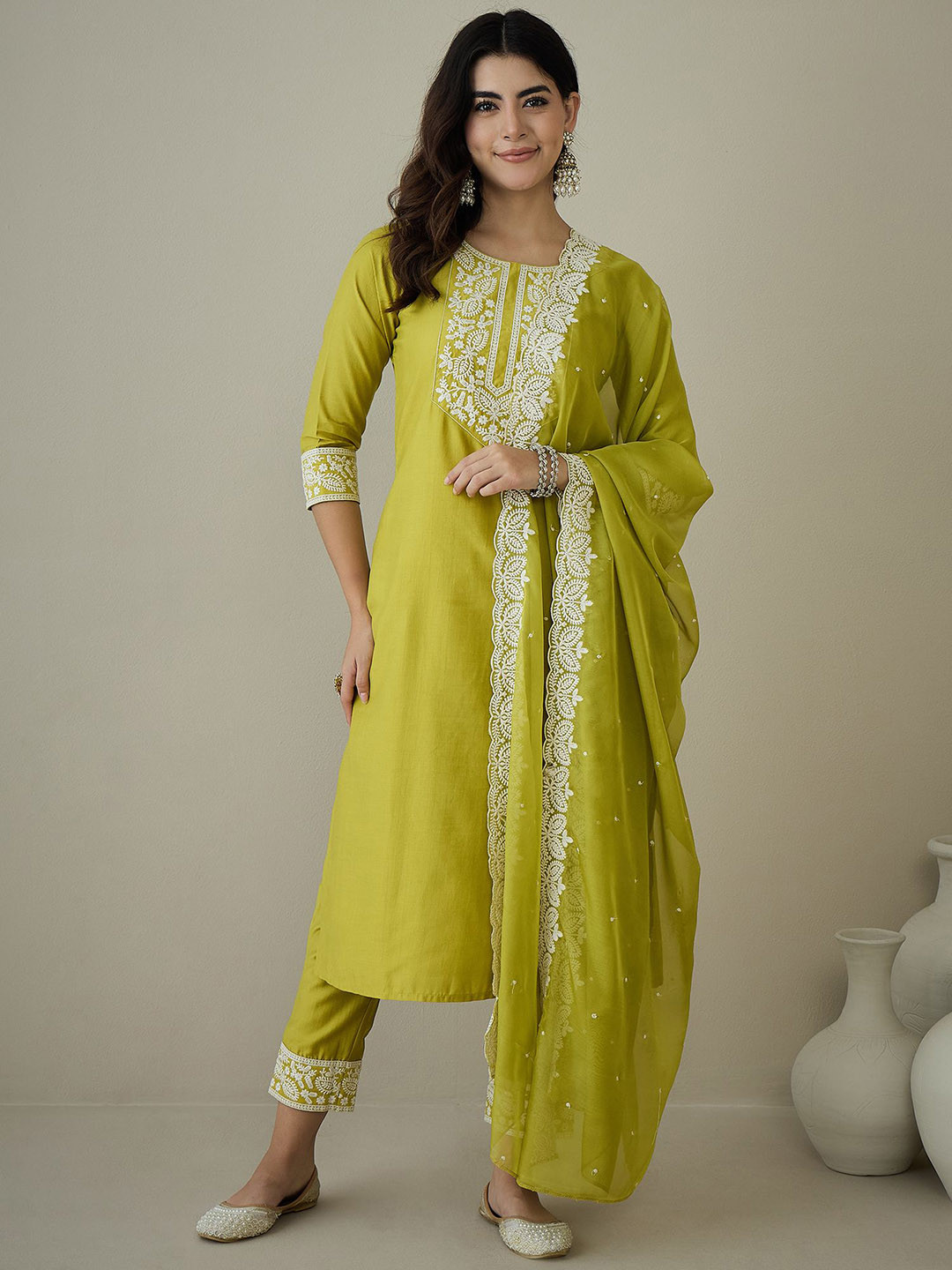 

KLOSIA Floral Embroidered Thread Work Pure Silk Straight Kurta with Trouser & Dupatta, Yellow