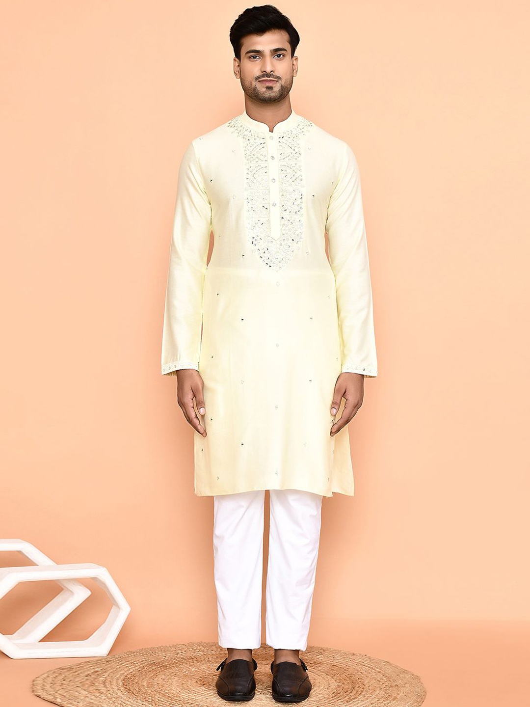 

Arihant Rai Sinha Embroidered Mirror Work Straight Kurta with Trouser, Yellow