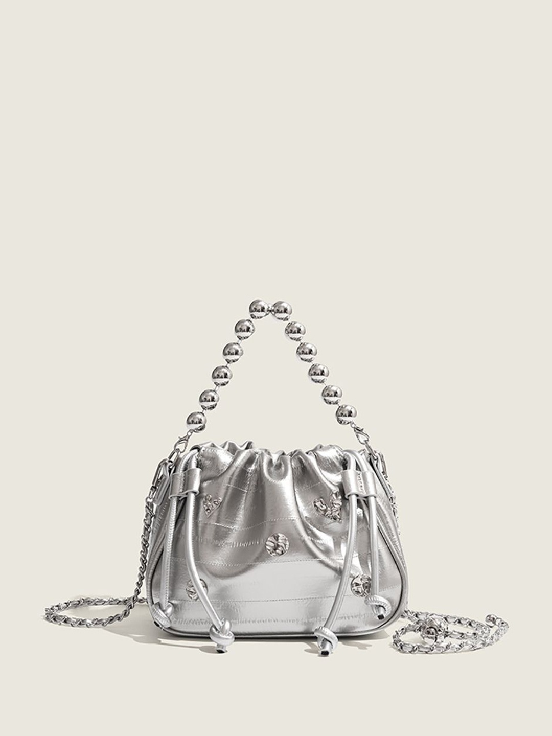 

StyleCast x Revolte Women Striped Bucket Satchel Bag, Silver