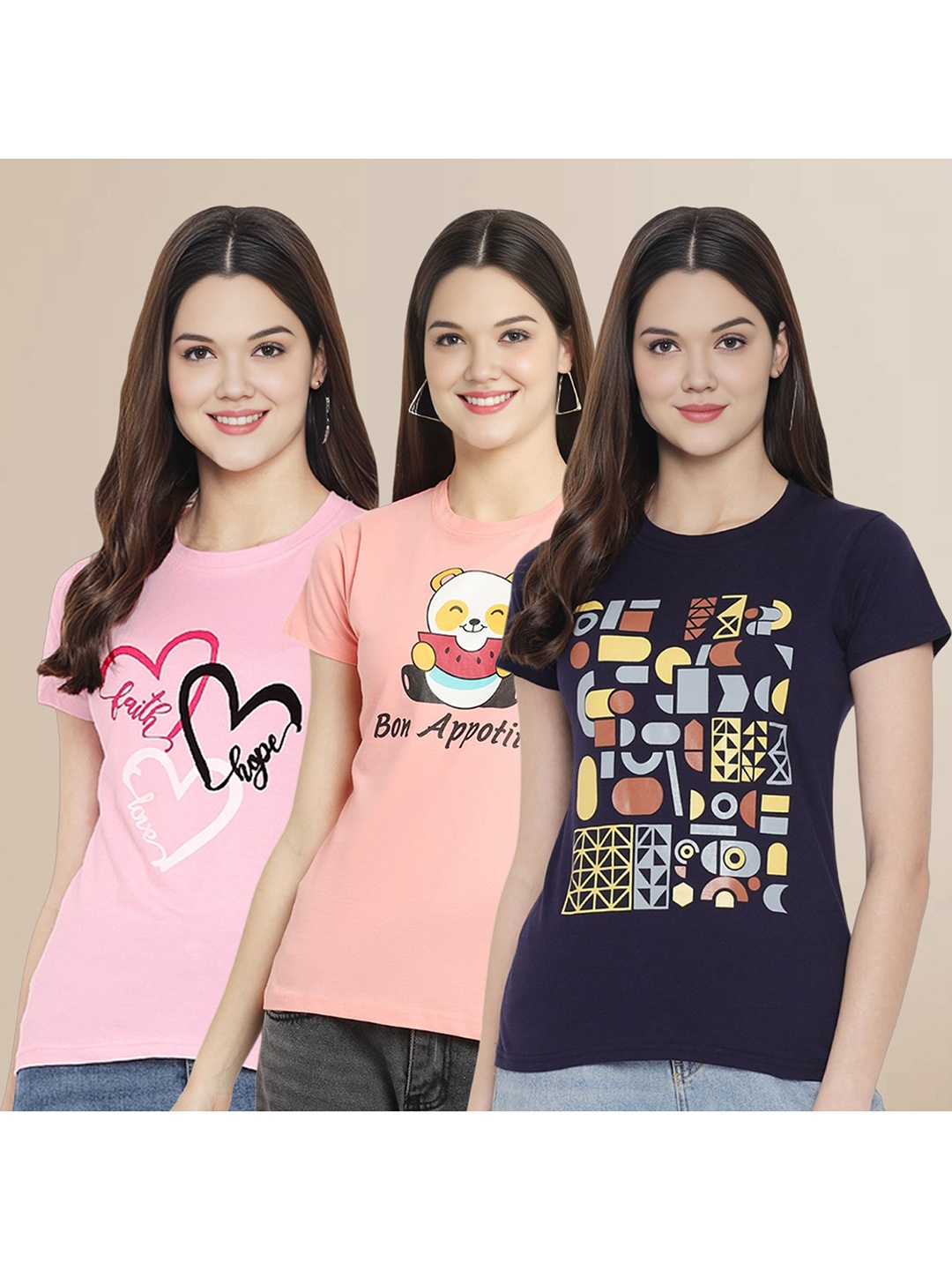 

Metronaut Women Pack Of 3 Typography Printed Round Neck Cotton T-shirts, Pink