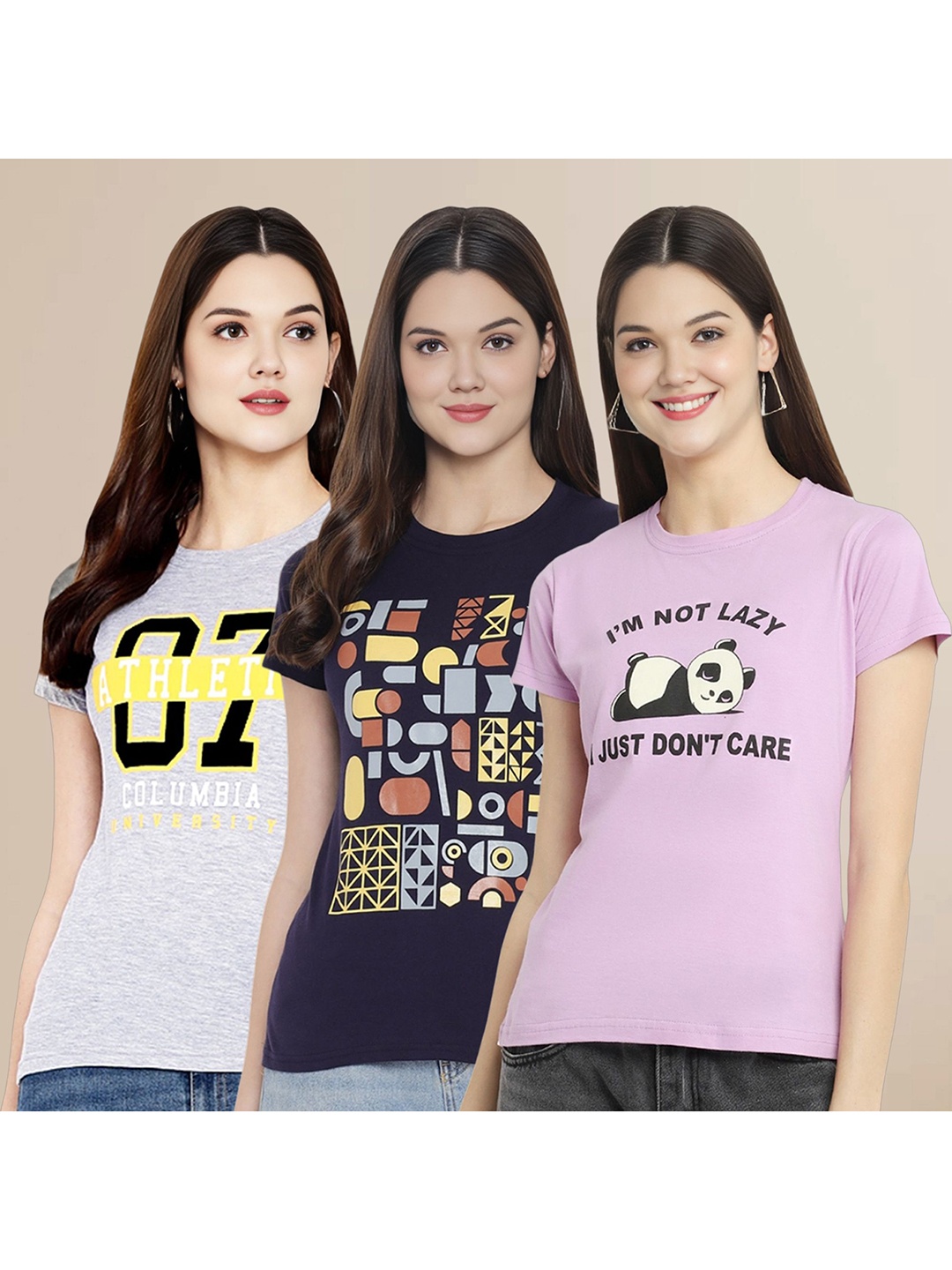 

Metronaut Women Pack Of 3 Typography Printed Round Neck Cotton T-shirts, Grey