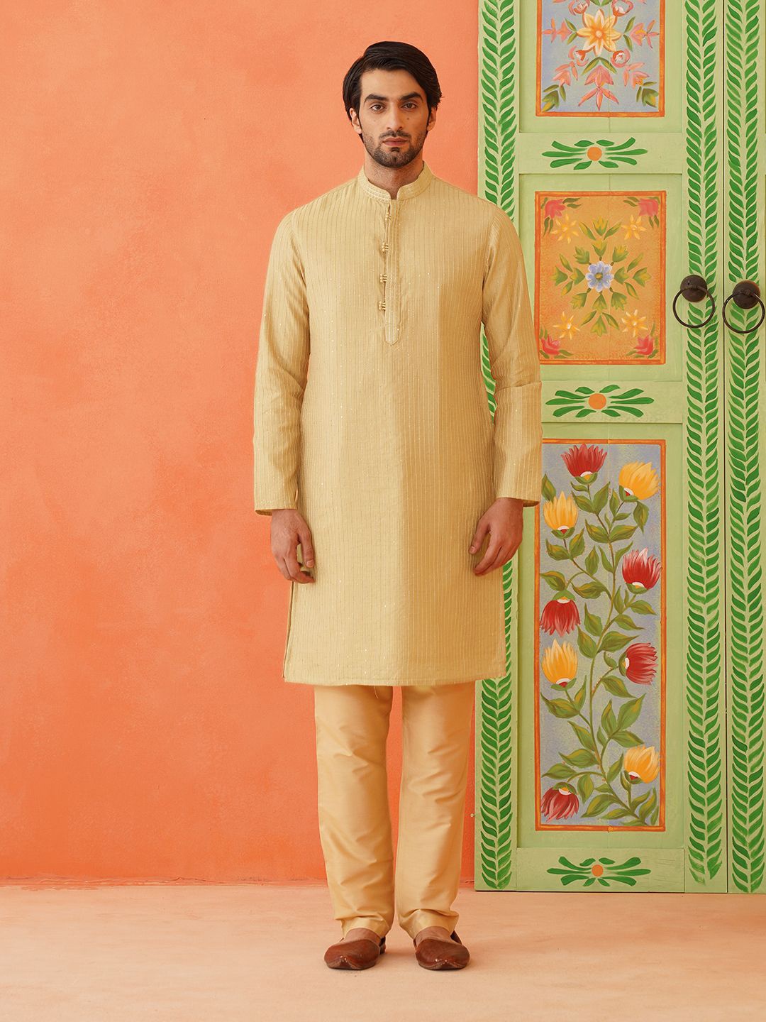 

TheEthnic.Co Striped Embroidered Sequinned Straight Silk Kurta, Brown
