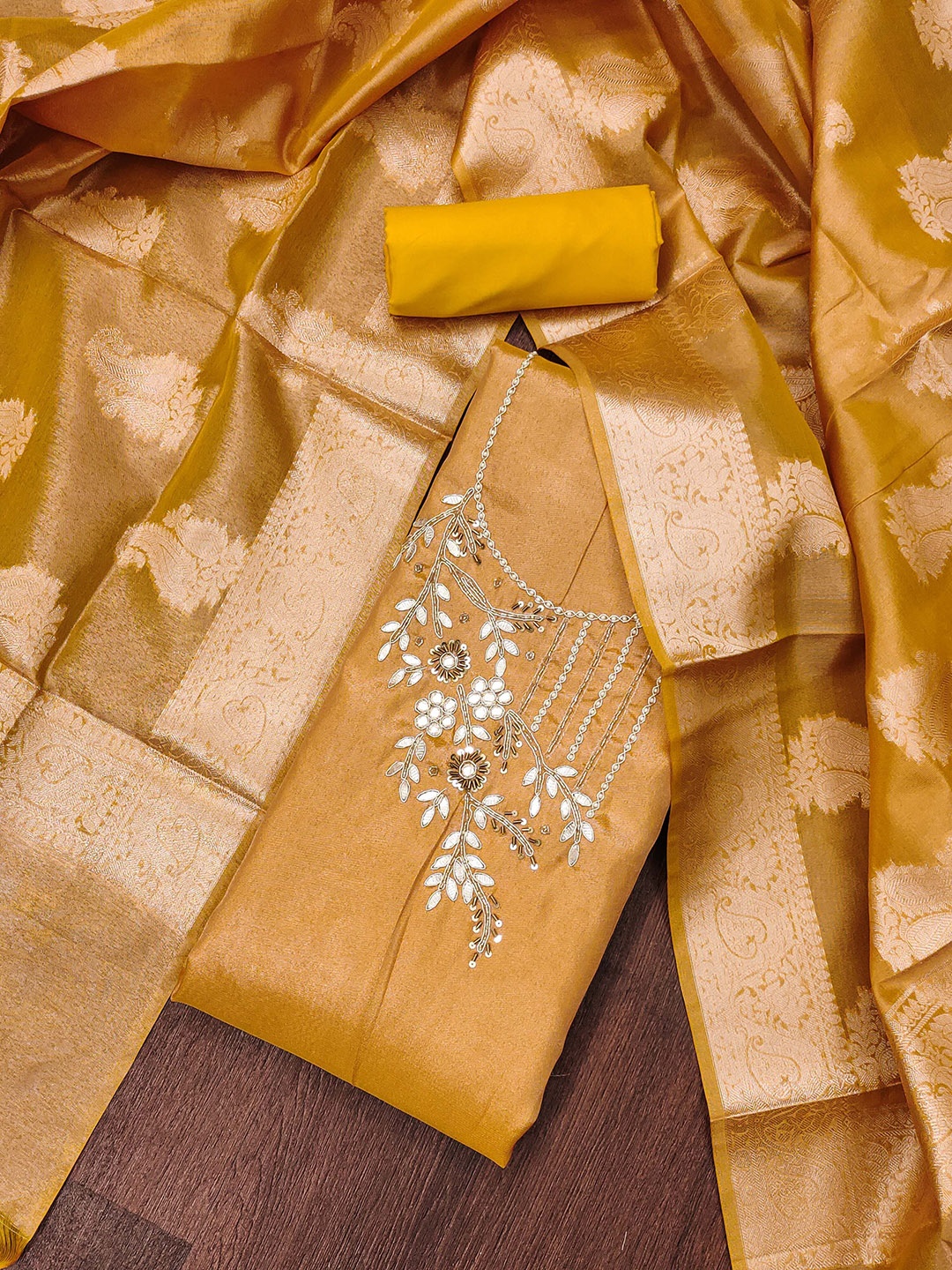 

Maroosh Embroidered Beads and Stones Unstitched Dress Material, Yellow