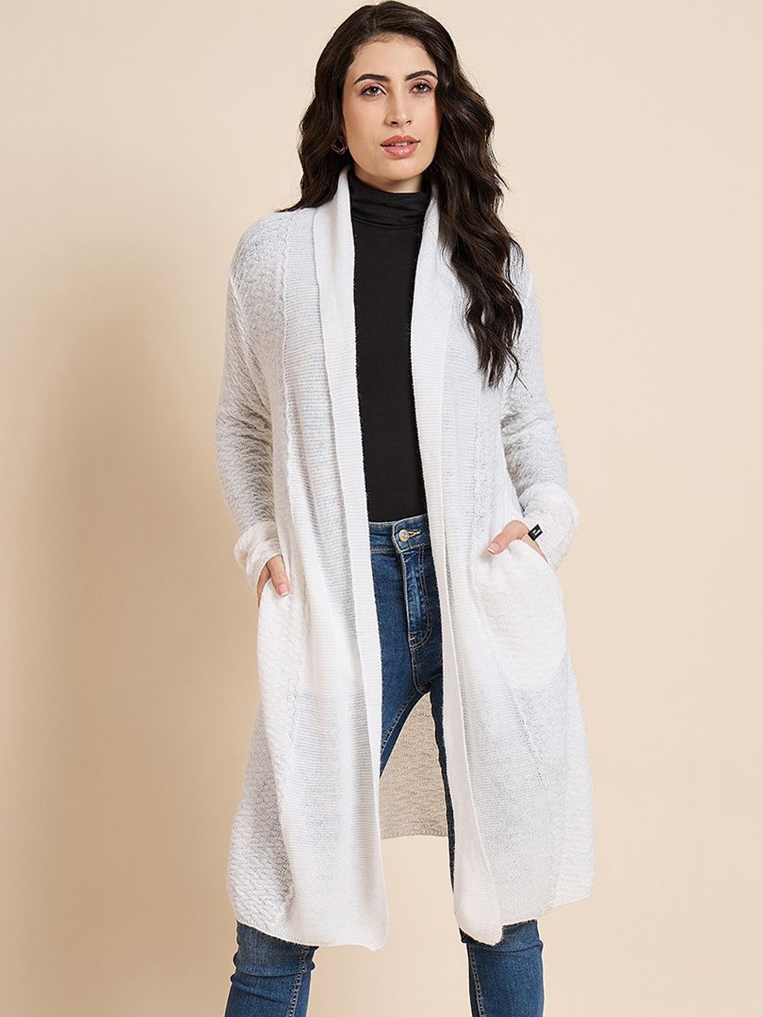 

CREATIVE LINE Self Design Longline Woollen Front Open Shrug, White