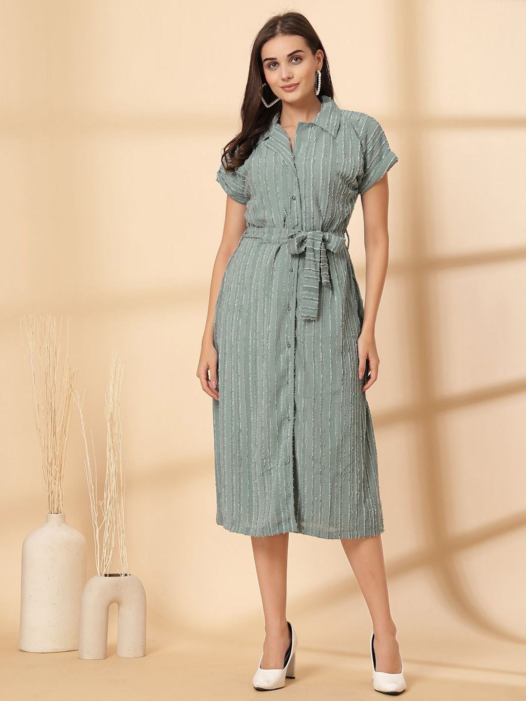 

plusS Women Fit & Flare Belted Midi Dress, Sea green