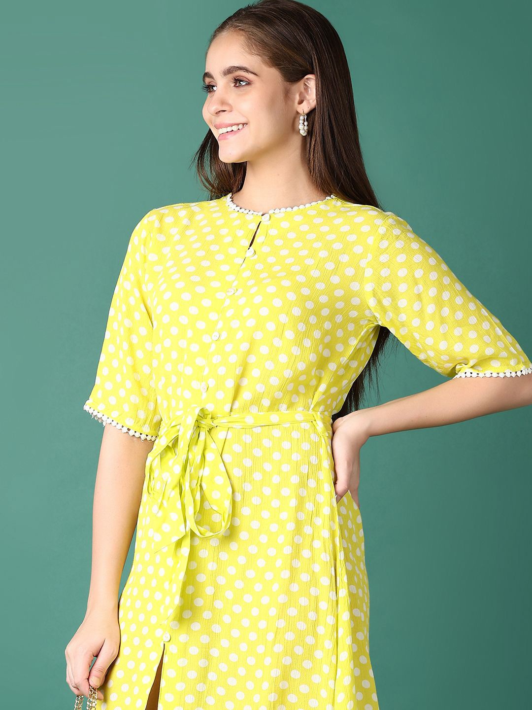 

V-Mart Women Polka Dot Printed A-Line Knee Length Dress, Green