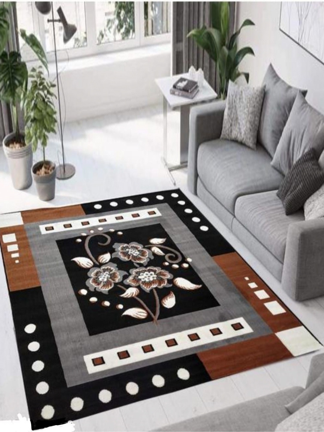 

Samjeeda Handloom carpets Grey & Black Floral Printed Anti-Skid Carpet