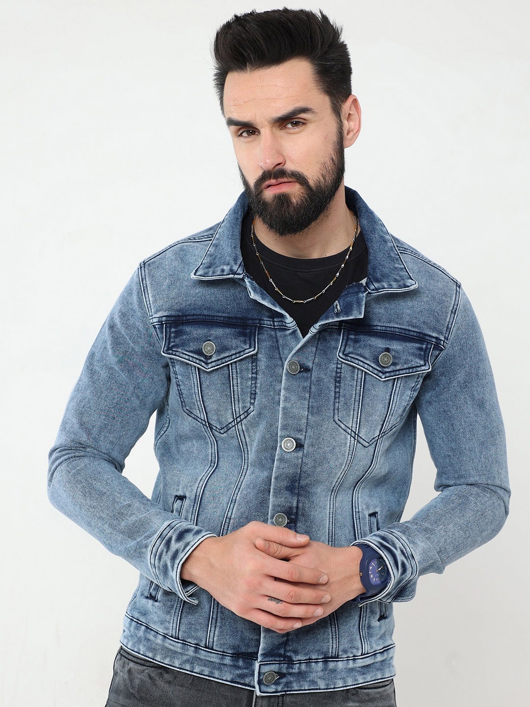 

Reslag Men Denim Jacket with Patchwork, Blue