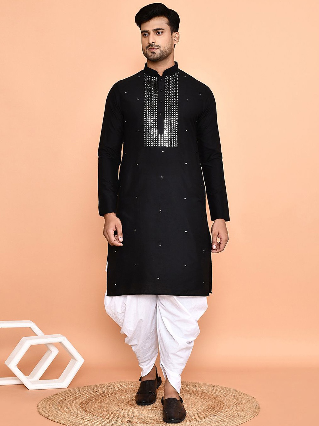 

Arihant Rai Sinha Mandarin Collar Long Sleeves Regular Mirror Work Kurta With Patiala, Black