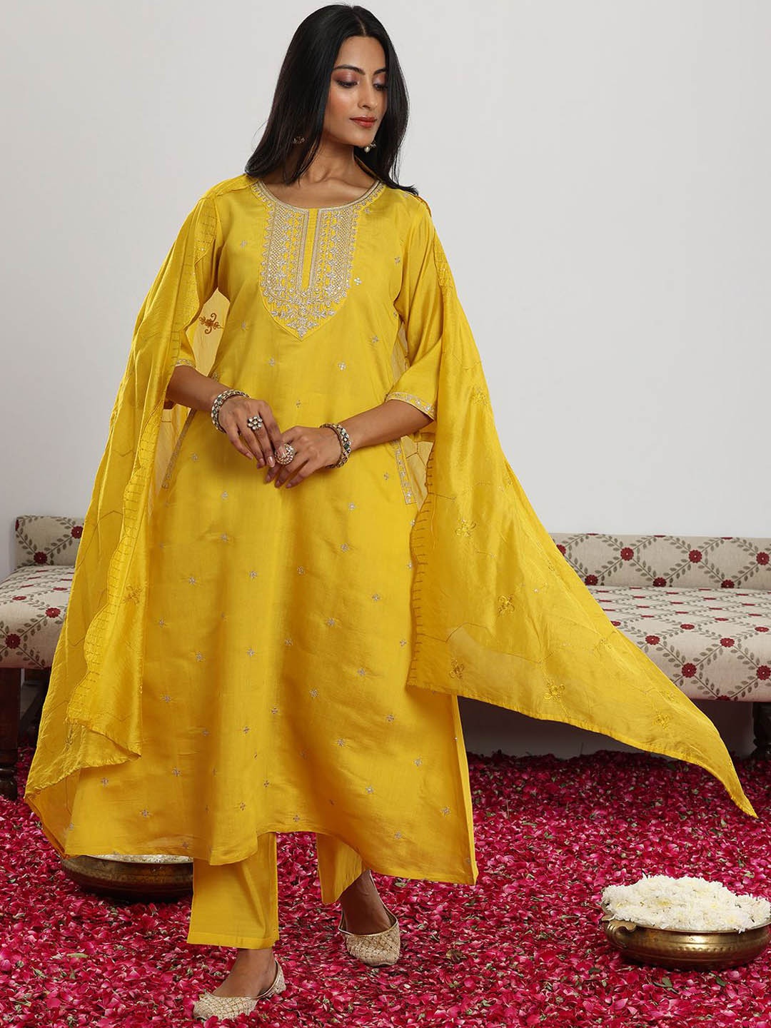 

Libas Yellow and Silver Floral Embroidered Sequinned Kurta with Trouser & Dupatta