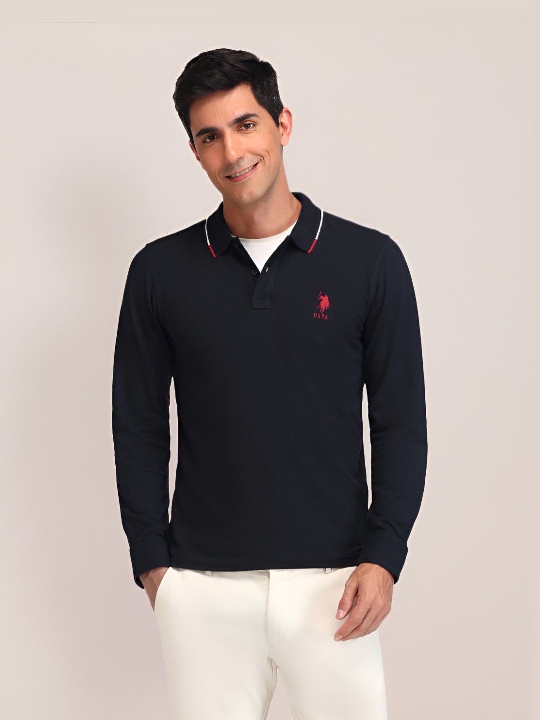 

U.S. Polo Assn. Men Solid Polo Collar Cotton Slim Fit T-shirt, Navy blue