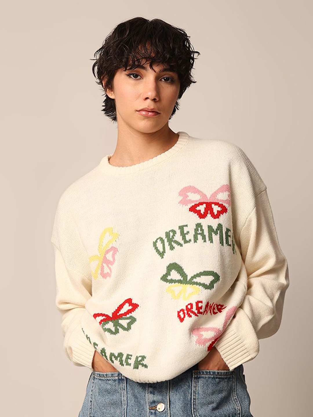 

ONLY Women Typography Embroidered Pullover Sweaters, Cream