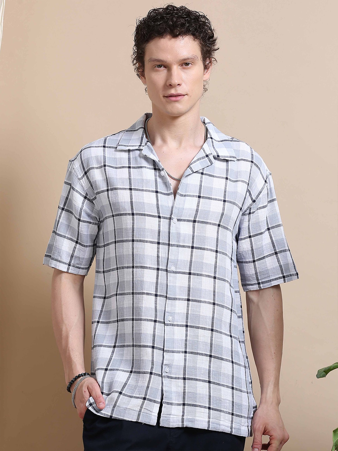 

HOUSE OF MAHNOTS Men Relaxed Cuban Collar Tartan Checked Linen Oversized Casual Shirt, Grey