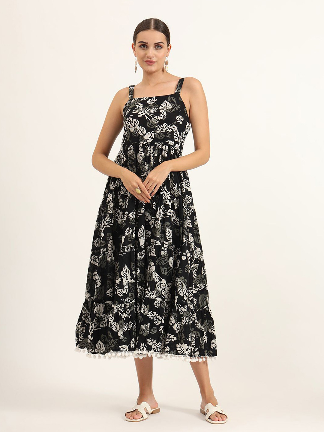 

KALINI Floral Women Floral Printed Gathered or PleatedPure Cotton Fit & Flare Midi Dress, Black