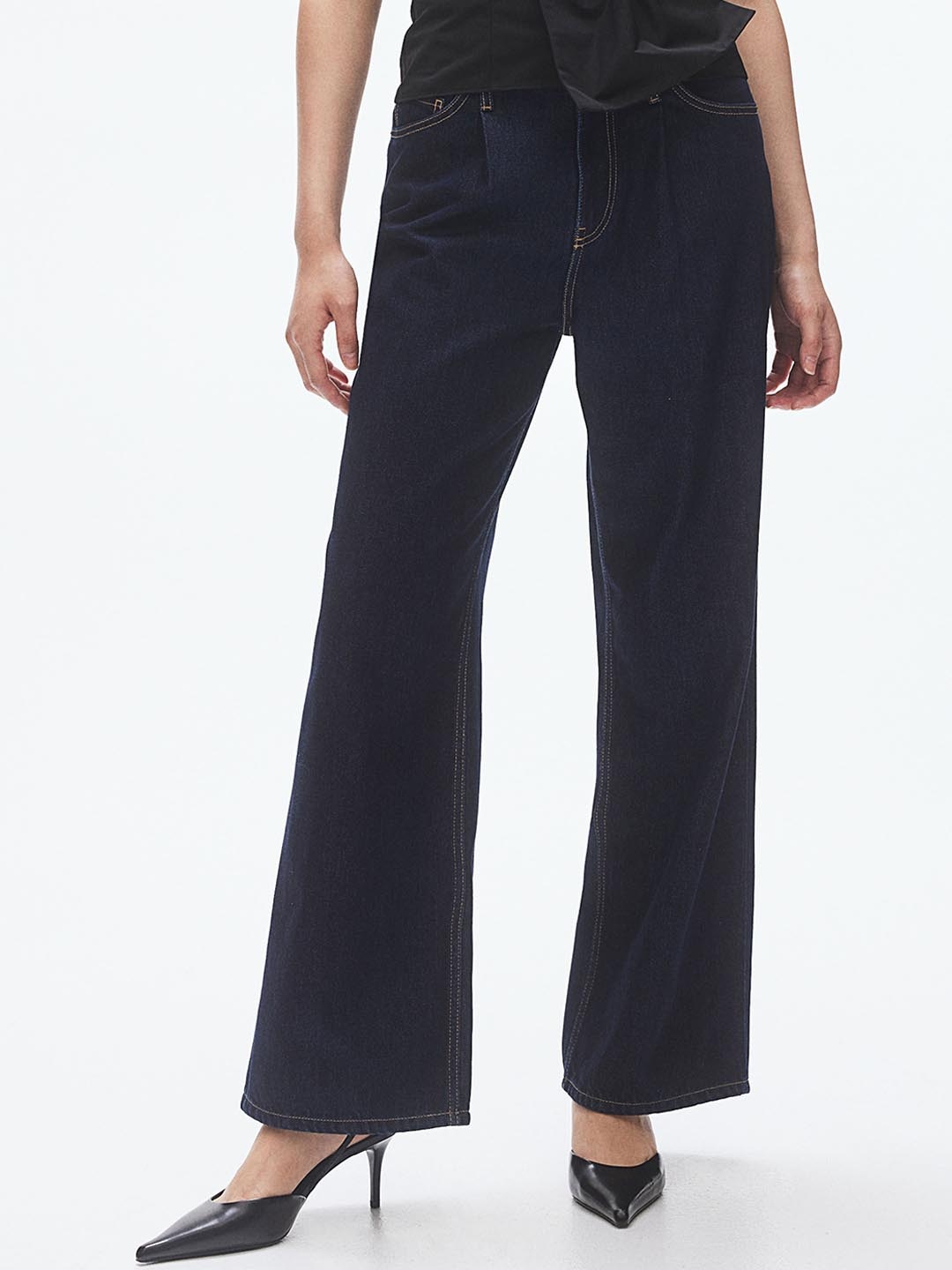 

H&M Women Wide Denim Straight Fit Mid-Rise Jeans, Blue