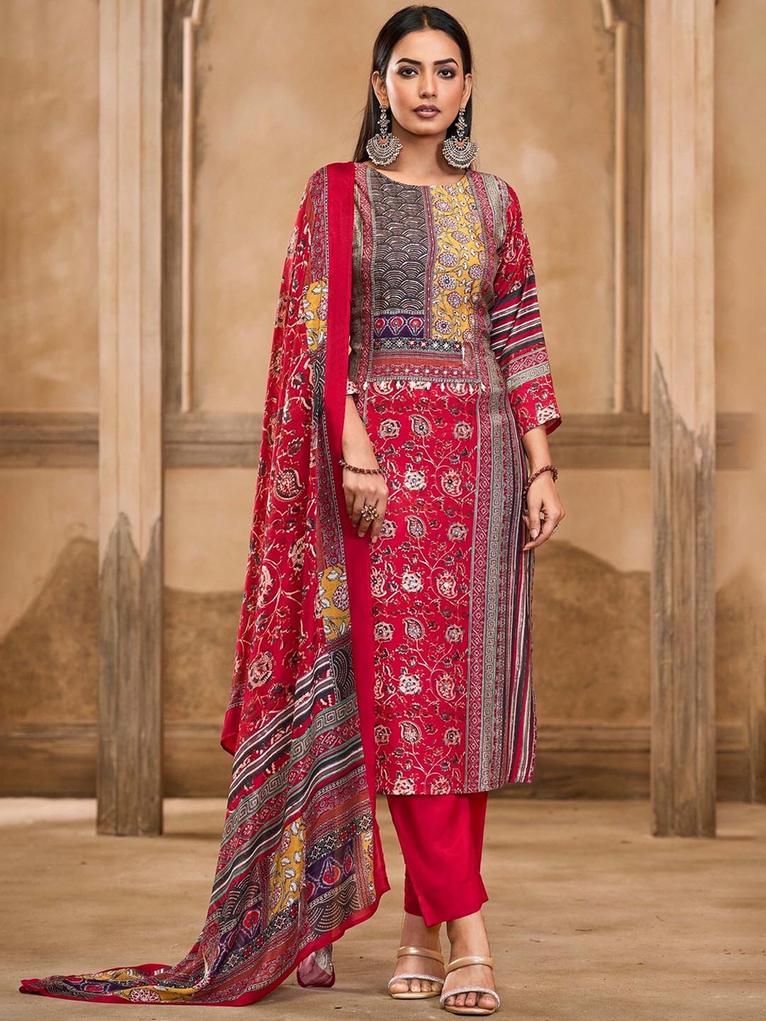 

all about you Round Neck Floral Printed Linen Straight Kurta with Trouser & Dupatta, Red