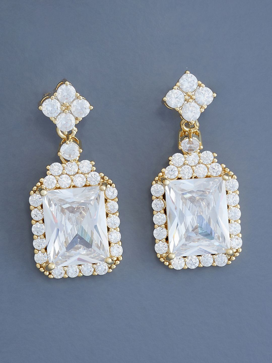 

Kushal's Fashion Jewellery Gold Plated Cubic Zirconia Studded Geometric Drop Earrings, White