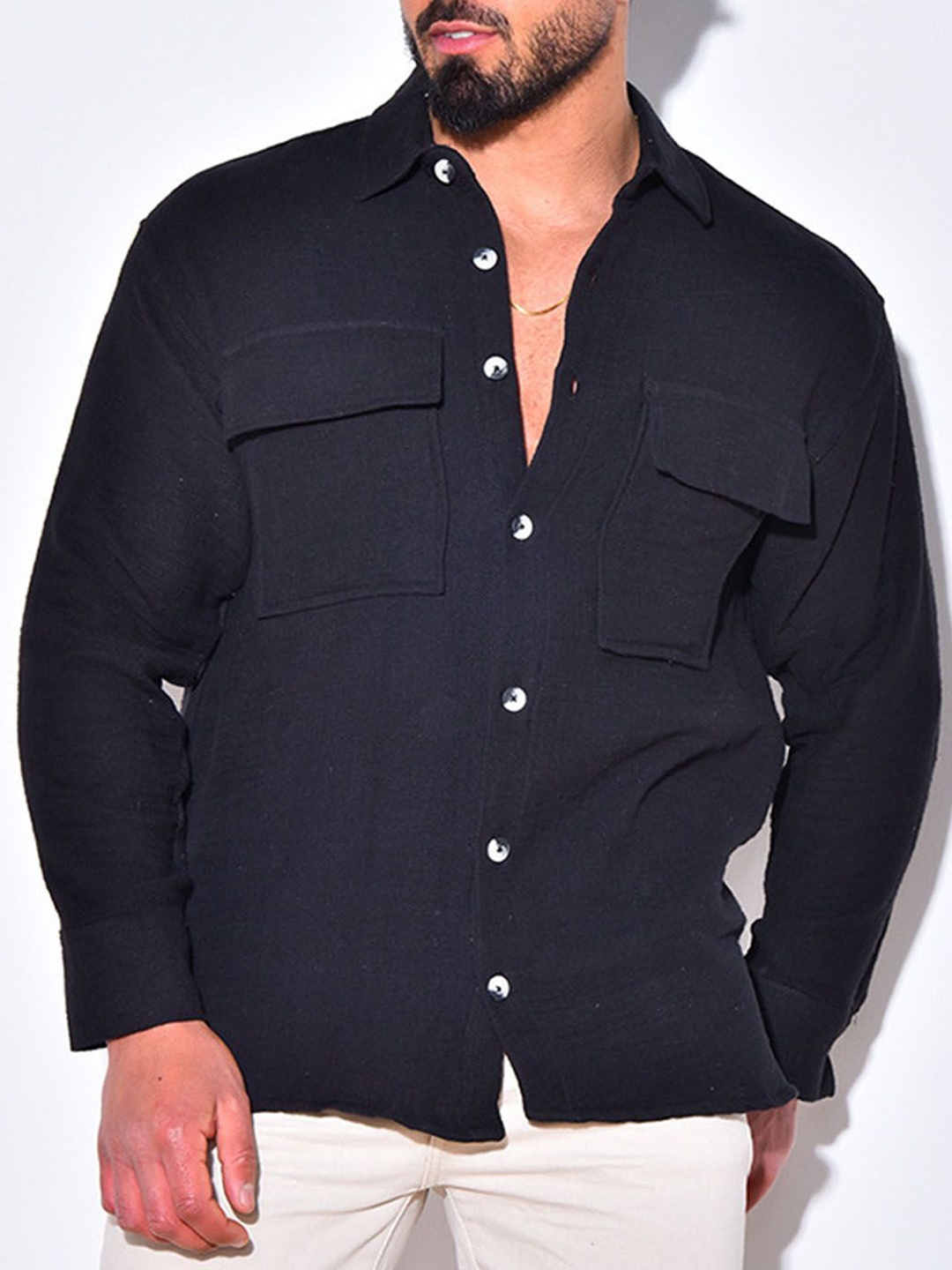 

StyleCast Men Spread Collar Solid Casual Shirt, Black