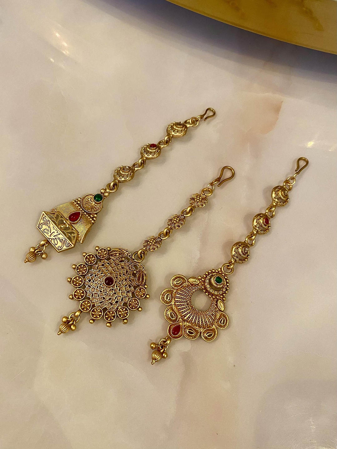 

ATIBELLE Set Of 3 Gold-Plated Stone Studded and Beaded Maang Tikkas Head Jewellery